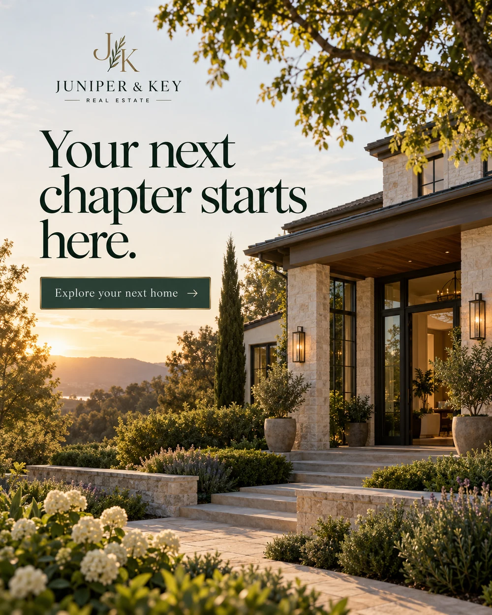 Juniper & Key real estate concept: Your next chapter starts here, with a warm modern home